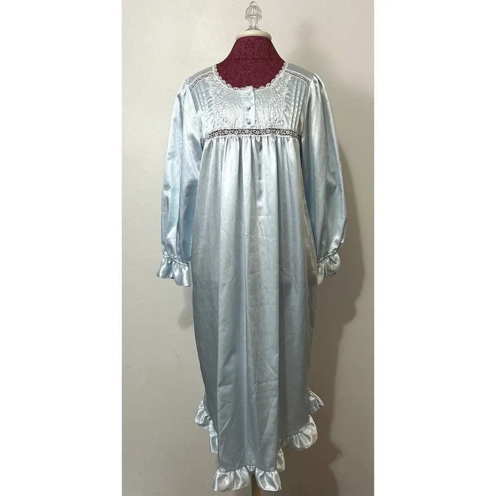 Partners Intimates Nightgown Medium Blue Lace Embroidered Victorian Grannycore